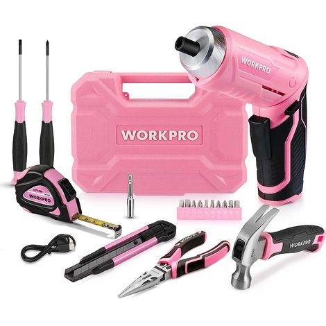 Workpro – Coffret multi-outils rose 18 pièces – Tournevis électrique 3,7 V avec 10 embouts – Mallette de rangement 240x174x73mm – Outils en Cr-V