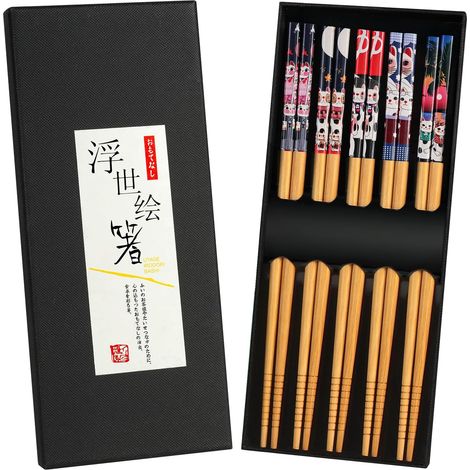 5 Paar Stäbchen Japanisch Chopsticks, Bambus Essstäbchen Wiederverwendbare, Essstäbchen Geschenkset, Essstäbchen Spülmaschinenfest (1/5)