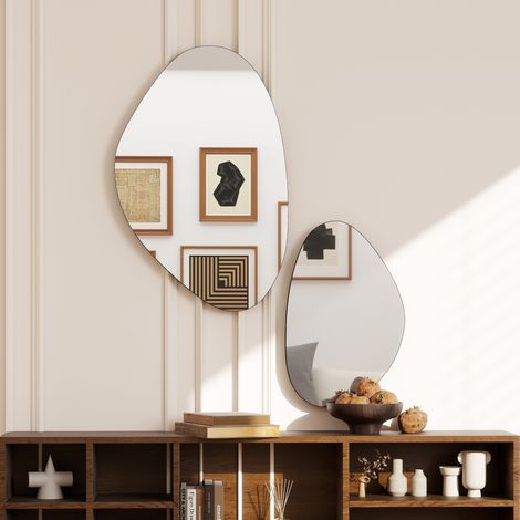 Lot de 2 miroirs muraux noir cadre en métal miroirs décoratifs irréguliers en forme de galet 70 x 46 cm 49.5 x 31 cm style élégant
