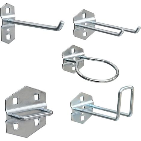 Filiyano-Lot de 5 crochets porte-outils en fer pour panneau perforé, crochets de rangement argentés incurvés et en forme de U (1/5)