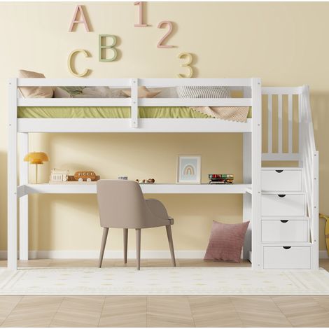 Cama alta infantil 90x200 cm de madera blanca, ahorro de espacio, sin colchón FloraGrace (1/5)