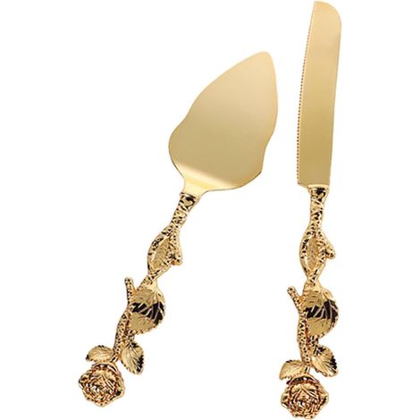 Service à Gâteau Mariage Alliage de Zinc Doré, Couteau et Pelle à Pâtisserie, Outil Découpe Gâteau Rustique, pour Anniversaires et Fêtes, Set 2 Pièces Polyvalent (1/5)