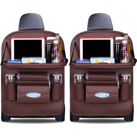 Auto-Organizer, Rücksitzbezüge aus PU-Leder mit faltbarer, wasserdichter Tablet-Halterung, Autoaufbewahrung (Braun, 2er-Pack) - KZQ