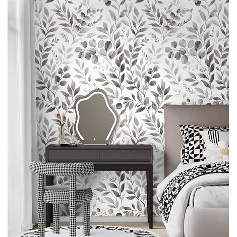 CCYKXAPapier Peint Gris Feuille, 44 x 300 cm Papier Peint Autocollant Feuille D'eucalyptus Gris et Blanc Fleurs Feuille Botanique Bohême Papier Autocollant (1/5)