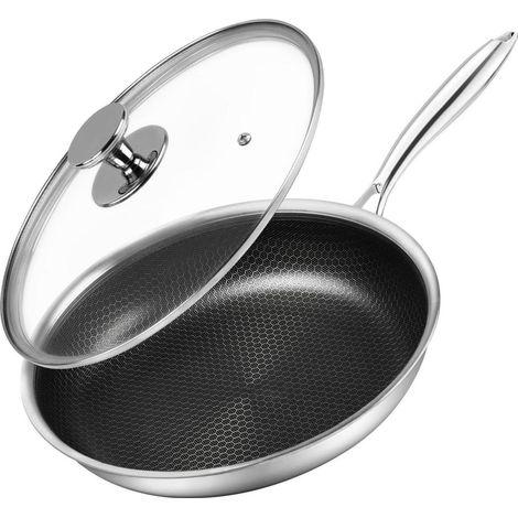 Poêle antiadhésive inox 24 cm avec couvercle, tous feux dont induction, nid d'abeille (1/5)