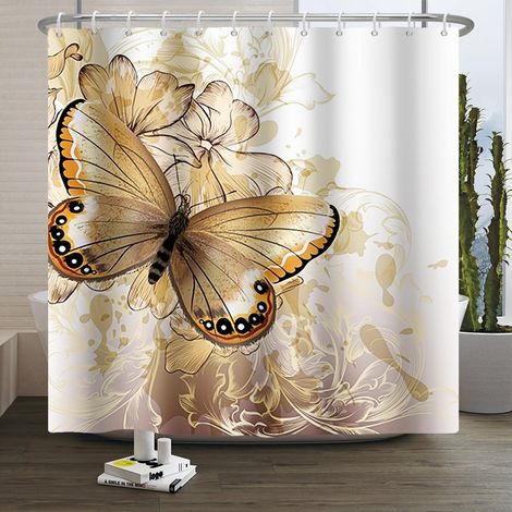 Rideau de douche 3D doré avec fleurs et papillons, imprimé numérique, lavable. (1/5)
