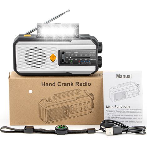 Radio d'Urgence Solaire avec Manivelle 2000mAh – Lampe LED, Alarme SOS et Batterie Externe, Résistante à l'Eau (Blanc) (1/5)