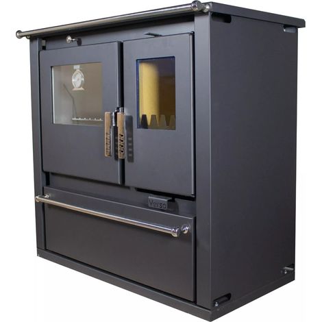Estufa de leña con horno de inox, placa superior metálica, salida de humos a la izquierda y paneles laterales pintados en negro Verso CS - 7.7 kW, Versátil y Eficiente