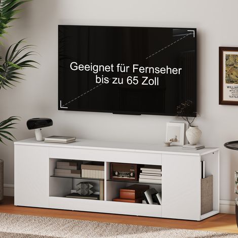 Meuble TV 140 cm, commode télé avec 6 compartiments, 2 étagères en verre, panneaux de particules, blanc (1/5)