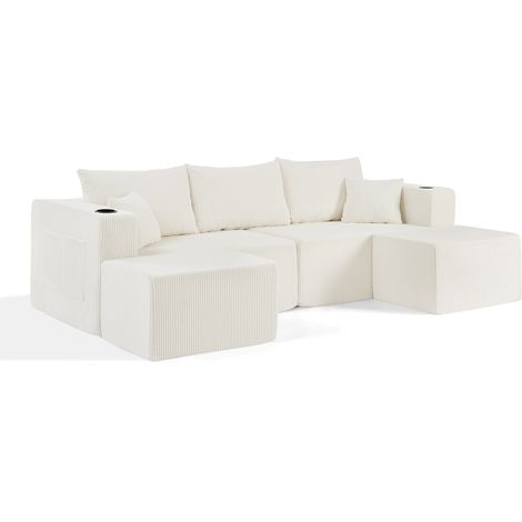 ELVMI Canapé d'angle modulable 3 places avec ottomans, porte-gobelets, poches et coussins en velours côtelé beige (1/5)