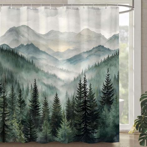 Rideau De Douche - Vert Foncé - Motif Forêt Montagne Brumeuse - Polyester Imperméable - 180 x 180 cm (1/5)