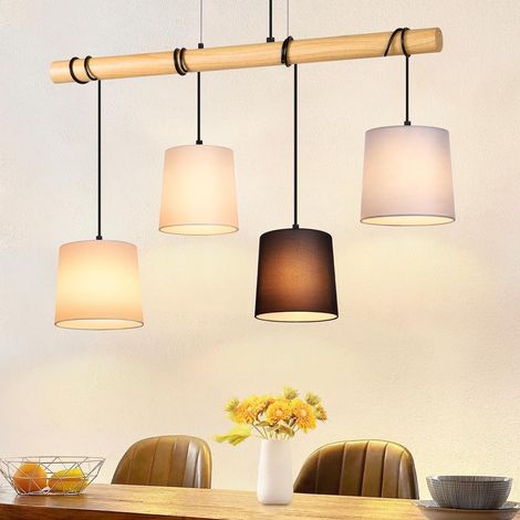 ZMH Suspensions de table à manger Vintage - Lampe de salle à manger en bois E27 Lampe à suspendre Moderne Cuisine Blanc Lampe de table à manger en tissu Lampe à suspendre en métal (1/5)