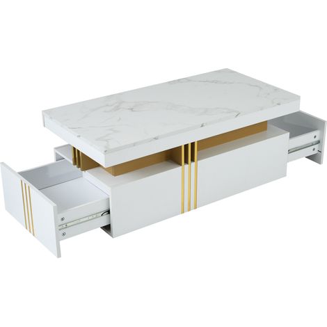 Table basse rectangulaire blanche moderne en MDF avec plateau marbré brillant et 2 tiroirs, 100 x 50 x 40 cm (1/5)