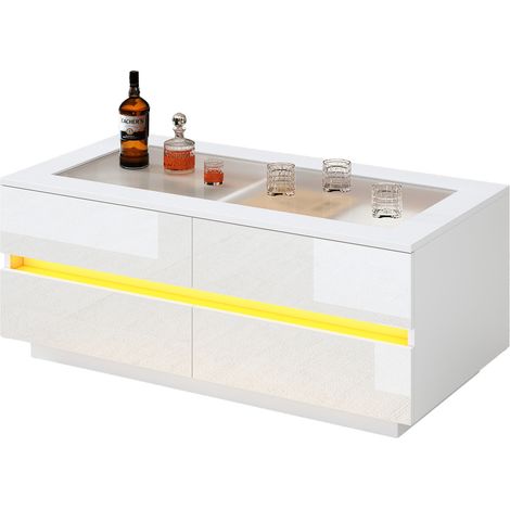 Table basse blanche moderne 100x50x40cm, bout de canapé avec 4 tiroirs, éclairage LED, plateau en verre trempé et façades laquées brillantes, meuble salon robuste en panneaux de particules, charge max (1/5)