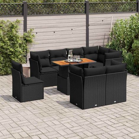vidaXL Salon de jardin 9 pcs avec coussins noir résine tressée (1/5)