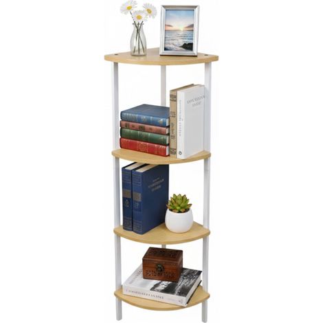 Scaffale angolare Relaxdays, HxLxP: 125 x 44,5 x 31,5 cm, 4 ripiani, per soggiorno, MDF, metallo, naturale/bianco