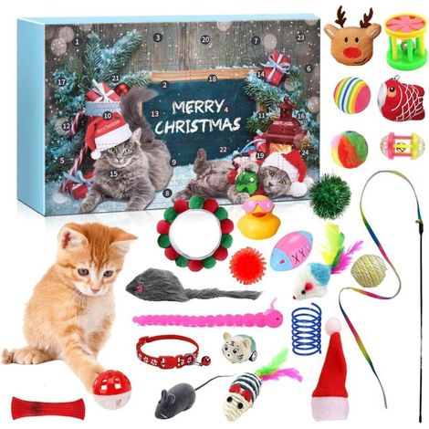 Calendrier de l'Avent pour chats, 24 jours avant Noël, jouets variés, baguette magique et clochette de Père Noël interactives, cadeau de Noël idéal pour les amoureux des chats.