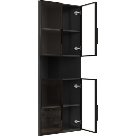 Vitrine d'angle triangulaire 62x32x160 cm avec LED, cadre MDF noir et vitre trempée, étagère ouverte centrale (1/5)