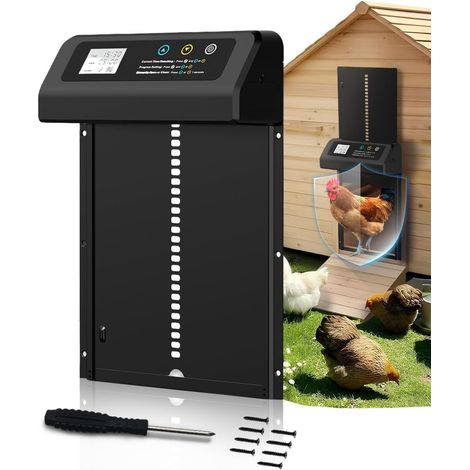 Porte Poulailler Automatique avec Écran LCD, Système Anti-Pincement, Résistant Aux Intempéries, Ouverture Verticale, Aluminium, IPX5, Installation en 3 Minutes, Petit Poulailler, Grande Ferme (1/5)