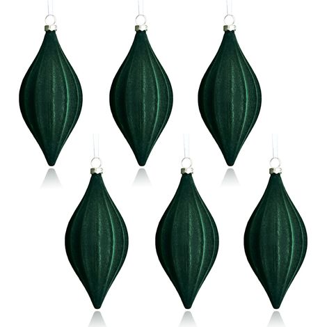 6 grüne, kegelförmige, beflockte Kunststoff-Weihnachtskugeln zum Aufhängen als Weihnachtsbaumschmuck für die Festtage (1/2)
