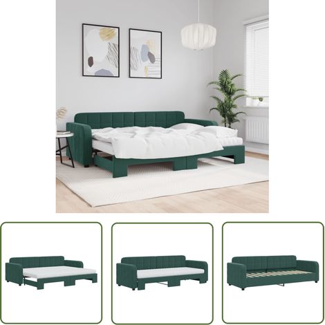 The Living Store Lit de jour avec gigogne et matelas vert foncé 80x200cm velours - Canapé Convertible - Lit Gigogne - Lit Invité - Meuble Multifonctionnel - Literie (1/5)