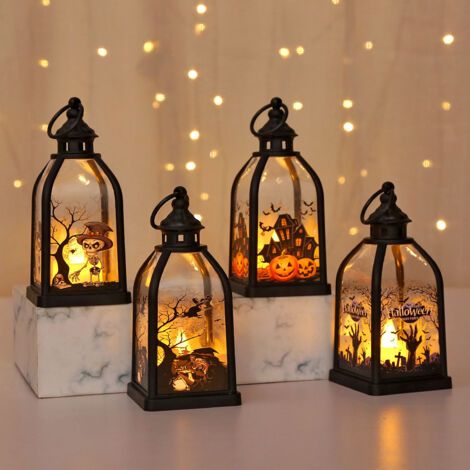 4 Pièces Lanterne Halloween LED Bougie Exterieur avec Batterie, Lanterne Citrouille Sorcière Geist Decoration Halloween Exterieur Interieur a Suspendre, Lanterne fantôme D'halloween