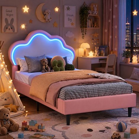 JOOKGBD-Kinderbett 90x200cm,Polsterbett,Prinzessinnenbett mit verstellbarem LED-Kopfteil und Lattenrost,Einzelbetten,Mädchenbett,Jugendbett,Wolkenförmiges Kopfteil,für Kinder und Jugendliche,PU,Rosa