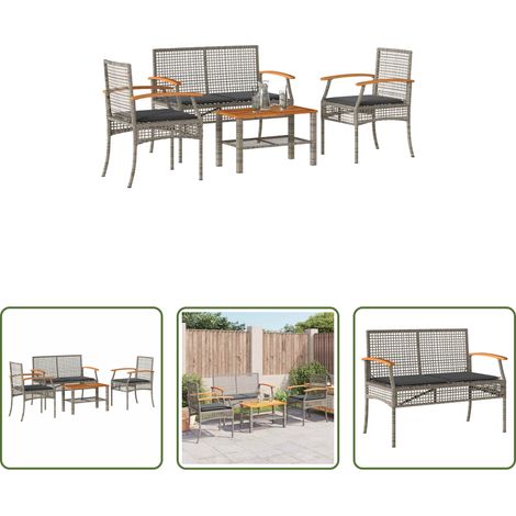 vidaXL Gartenbank - 4-tlg. Garten-Lounge-Set mit Kissen Grau Poly Rattan (1/5)