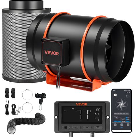 Kit Ventilateur de Gaine à Flux Mixte avec Filtre à Charbon 1372 m³/h , Extracteur d'Air en Ligne 203 mm pour Tente de Culture, Moteur EC, 10 Vitesses, Contrôleur PWM, Contrôle App, Minuterie (1/5)