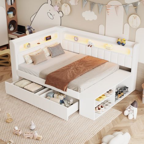 Cama nido 90x200 cm con 2 cajones, LED, puertos USB y mueble para zapatos, en tela blanca, sin colchón (1/5)