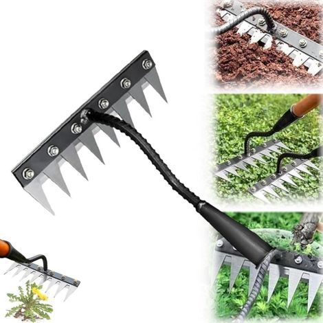 Râteau de désherbage en fer, Râteaux de jardin en acier au carbone à 5/6/7/8 dents pour l'ameublissement de la pelouse, artefact de désherbage domestique agricole et amovible, multi-us (1/4)