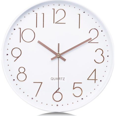 30 cm White Modern Silent Wall Clock, 3D Numbers Rose Gold Wall Clock, Easy to Read Non-Ticking Decorative for Kitchen, Living Room, Bedroom, Office