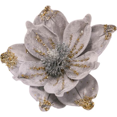 Dekorativer grauer Stoffkranz mit einer glitzernden Weihnachtssternblüte und Stiel, ideal zum Dekorieren eines Weihnachtsbaums, Fensters oder einer Tür. (1/5)