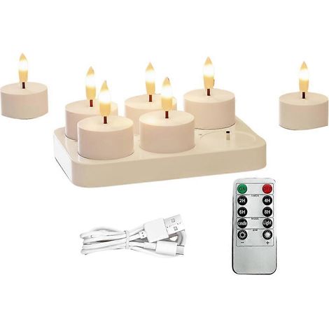 Flammenlose, wiederaufladbare Teelichter mit Ladestation, 6er-Set, Fernbedienung und Timer. (1/5)