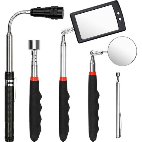 5er-Pack magnetische Hebewerkzeuge, einziehbare magnetische Hebewerkzeuge, inklusive 1,5/20 lb einziehbarem Magnet, quadratischer/runder Inspektionsspiegel mit LED und Taschenlampe, 3-Wege-Drehung (1/4)