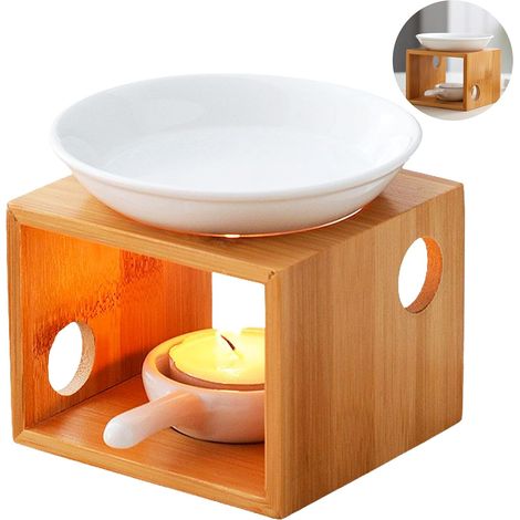 Diffuseur naturel en bambou pour huiles essentielles avec coupelle en céramique, réchaud, cire parfumée, lampe aromatique, bougeoir, lampe à huile parfumée pour la maison, le bureau, le spa, le yoga (1/5)
