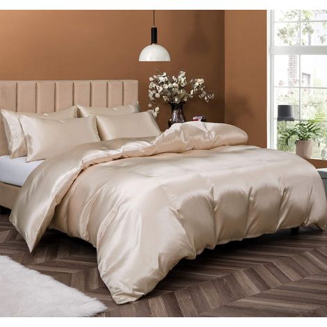Parure de lit 5 pièces en Satin avec Housse de Couette et 4 taies d'oreiller pour lit Double/Grand lit, Taupe Soyeux avec Fermeture éclair, 1 Housse de Couette + 4 taies d'oreiller (1/5)