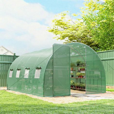 Serre tunnel de jardin 12m², serre de jardin tunnel 295x400x200cm porte et 8 fenêtres, bâche PE 140 g/m² vert (1/5)