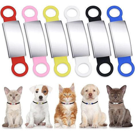 Lot de 6 médailles d'identification pour chien à glisser sur le collier, en silicone et acier inoxydable, avec nom gravé et personnalisées (6 couleurs).