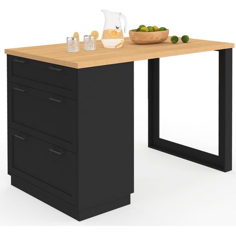 Idmarket – Îlot central mange-debout 4 personnes 130 cm – Casserolier 3 tiroirs noir – Plateau bois – Design contemporain pour cuisines modernes