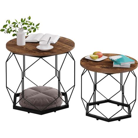 WOLTU Set 2 Tavolini da Salotto Tavolini Rotondi Design Moderno Tavolini da caffè Mobile per Soggiorno Casa Legno Vintage + Nero (1/5)