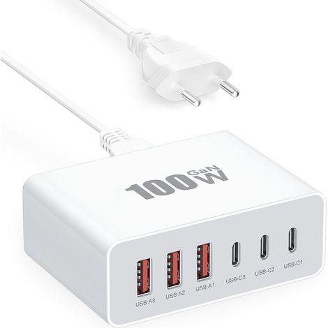 Chargeur USB C, 100 W, 6 ports USB, chargeur rapide, bloc d'alimentation USB C, chargeur rapide PD + fiche de charge QC 3.0 pour iPhone 17, 16, 15, 14, 13, 12, 11 Pro Max, iPad, Samsung, téléphones (1/5)