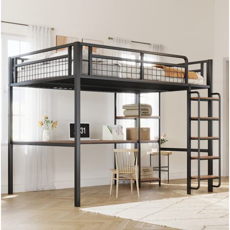 Lit mezzanine 140/200 cm noir en métal et panneau de fibres avec bureau, étagères et échelle sécurisée (1/5)