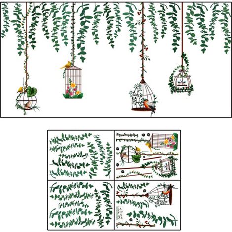 Décal mural amovible branche d'arbre avec oiseaux et plantes, autocollant décoration jungle pour chambre et salon.
