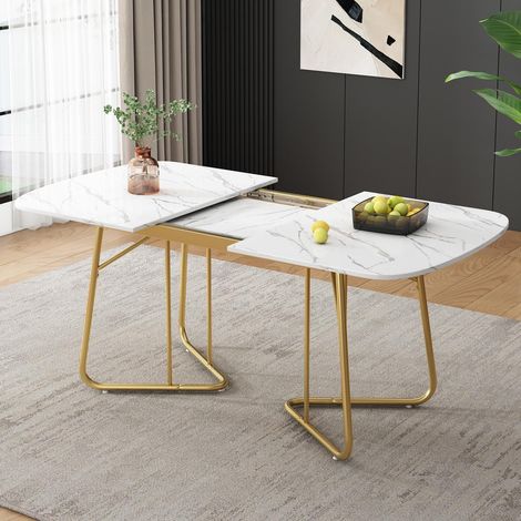 Table à manger extensible, 140-180x80x75 cm, Table de salle à manger moderne pour 4 à 6 personnes, Blanc effet marbre et or (1/5)