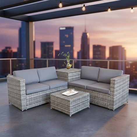 Melko Sitzgruppe + Auflagenbox Polyrattan Grau Gartenset Sitzgarnitur Lounge Sofa