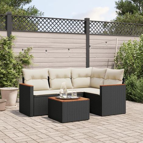 Ensemble Salon Jardin 5 Places Noir Résine Tressée avec Coussins Crème - Table Acacia - Mobilier Extérieur Modulaire (1/4)