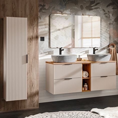 Conjunto de muebles con doble lavabo 140cm 2 compartimientos y columna Adriel Cachemira Madera y imitación Piedra (1/4)