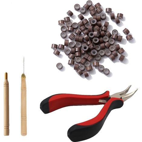 Kit de herramientas para extensiones de cabello, microaguja de tracción, microanillos de silicona, color marrón claro combinado. (1/2)