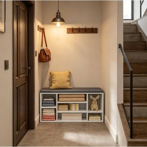 Banco zapatero 103,5 × 30 × 48 cm blanco con cojín gris y 7 compartimentos (1/4)
